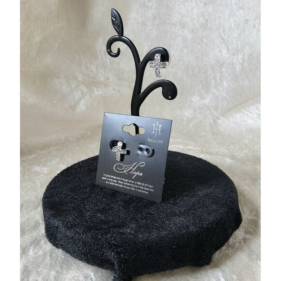 new womans halle joy hope everlasting cross clear stud push back earrings. - Picture 4 of 4